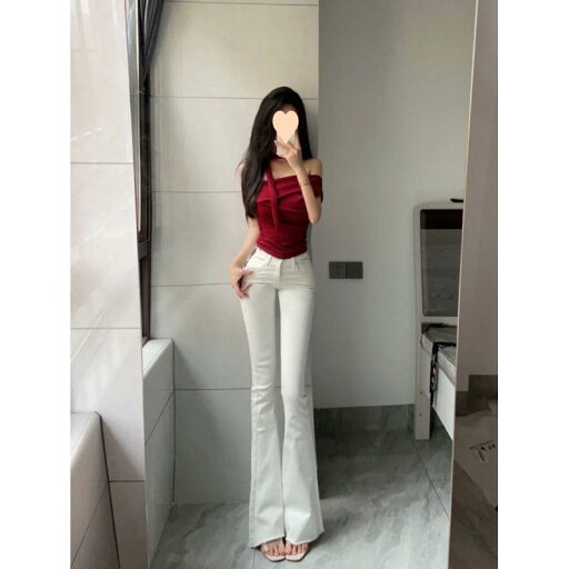 デニムパンツ レディース ジーンズ ホワイト ハイウエスト セミフレア ストレッチ 美脚 細見え フリンジ カットオフ ワンボタン フルレングス ロング丈 カジュアル 普段使い デニムパンツ レディース ジーンズ ホワイト ハイウエスト セミフレア ストレッチ 美脚 細見え フリンジ カットオフ ワンボタン フルレングス ロング丈 カジュアル 普段使い