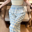 パンツ レディース ブルー チェック柄 レース バレエ風デザイン ゆったり ルーズフィット ワイドストレート マキシ丈 体型カバー カジュアル 普段使い 部屋着 夏 ボトムス