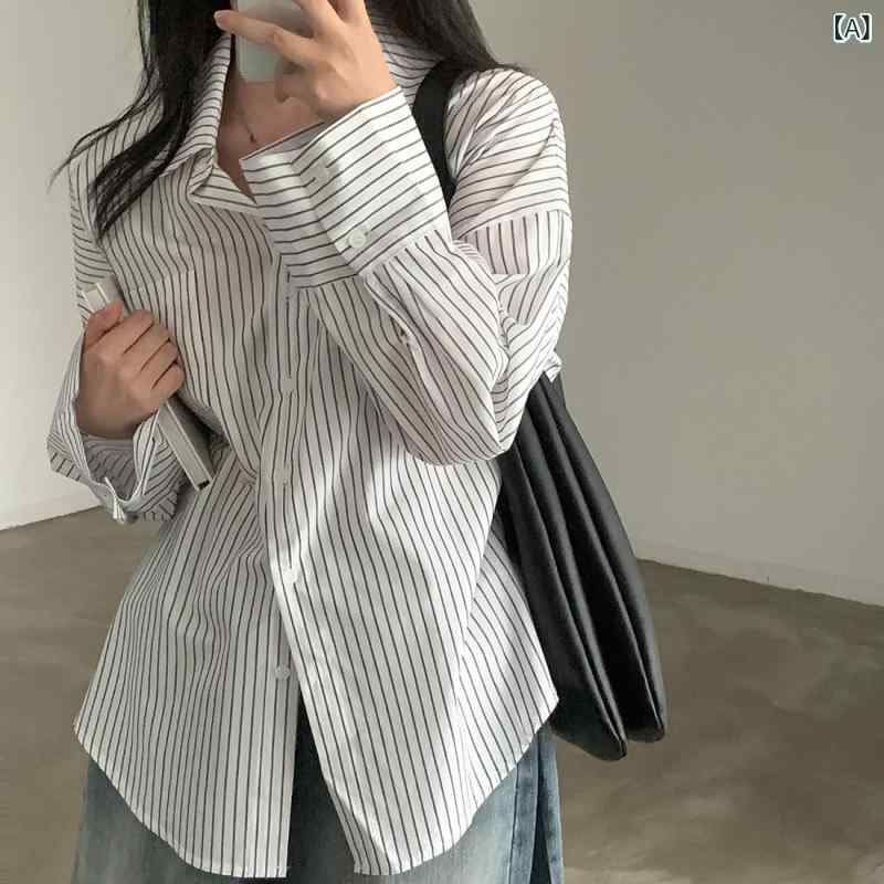 シャツ レディース 長袖 ストライプ柄 トップス ブラウス ゆったり ビッグシルエット 韓国ファッション カジュアル きれいめ おしゃれ かわいい 重ね着 レイヤード インナー 通勤 通学 普段着 秋冬