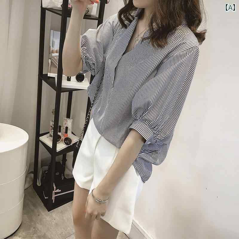 シャツ レディース ブラウス トップス ストライプ柄 ドルマンスリーブ バットスリーブ スタンドカラー 大きいサイズ ゆったり カジュアル きれいめ おしゃれ 体型カバー 通勤 オフィス 春夏