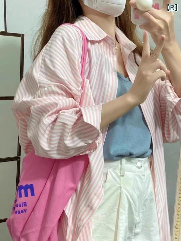 シャツ レディース ストライプ ボーダー カーディガン 羽織り トップス ブラウス 春夏 ゆったり オーバーサイズ ビッグシルエット カジュアル 韓国ファッション おしゃれ 抜け感 リラックス 若見え 着回し