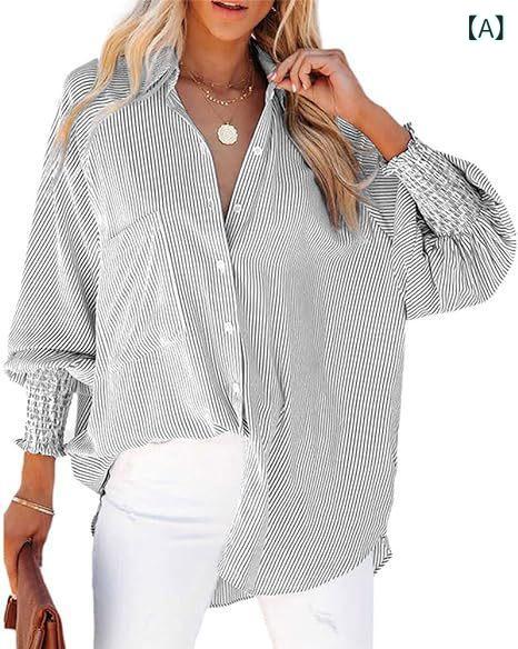 シャツ レディース 女性用 ストライプ柄 長袖 ゆったり オーバーサイズ ポケット付き カジュアル 普段使い お出かけ 春秋