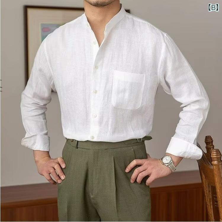 リネン シャツ メンズ 半袖 麻100 スタンドカラー ルーズフィット ナチュラル おしゃれ 体型カバー 大人 カジュアル 春 夏 秋 通気性 軽量 涼しい 旅行 リゾート 30代 40代 50代