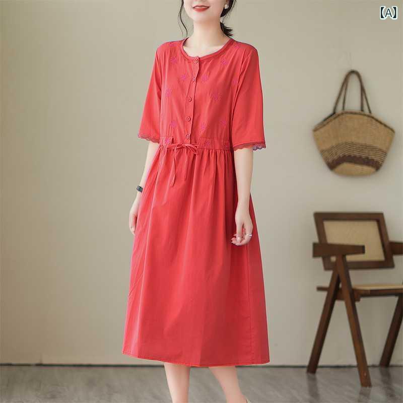 リネン ワンピース 夏 ゆったり 大きいサイズ対応 レディース 綿麻 半袖 ロング丈 ナチュラル 通気性 体型カバー 涼しいワンピ 接触冷感 無地 春夏 旅行にも