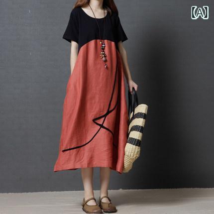 リネン ワンピース 夏 ゆったり 大きいサイズ対応 レディース 綿麻 半袖 ロング丈 ナチュラル 通気性 体型カバー 涼しいワンピ 接触冷感 無地 春夏 旅行にも