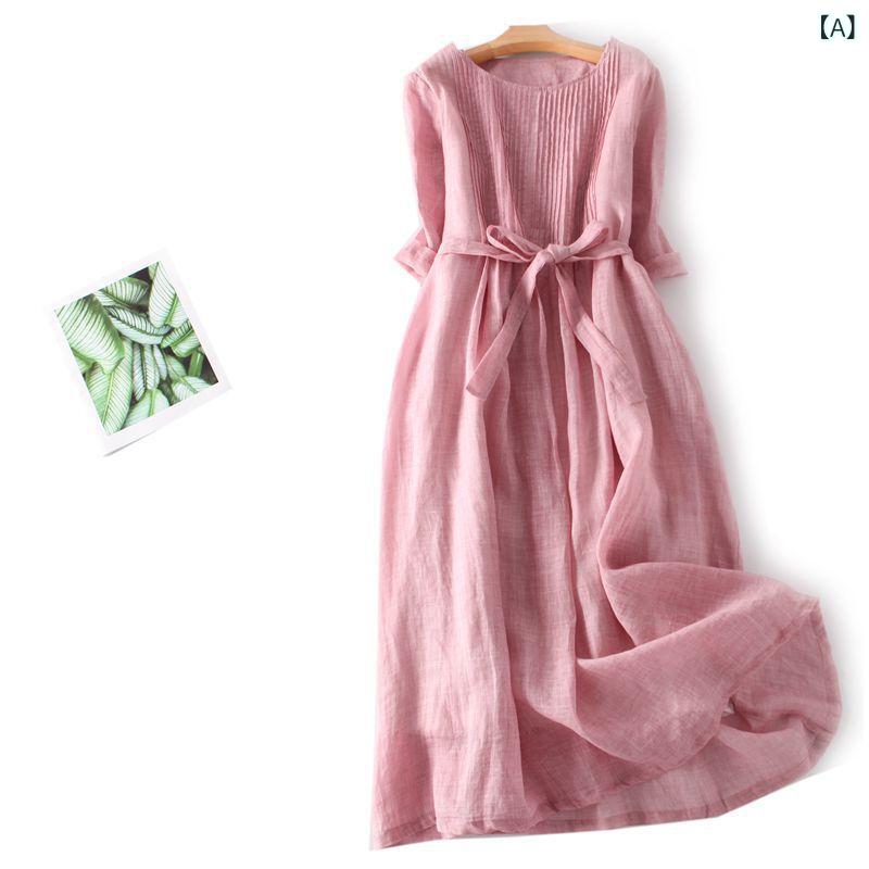 リネン ワンピース 夏 ゆったり ロングワンピース レディース 体型カバー 無地 綿麻素材 接触冷感 涼しい ナチュラル 半袖 ノースリーブ 大人カジュアル 春夏