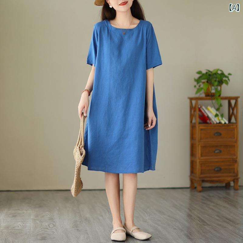 リネン ワンピース 夏 ゆったり ロングワンピース レディース 体型カバー 無地 綿麻素材 接触冷感 涼しい ナチュラル 半袖 ノースリーブ 大人カジュアル 春夏