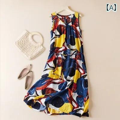 リネン ワンピース 夏 ゆったり 綿麻混 ロング丈 ノースリーブ 体型カバー きれいめ 大人女子 通勤にも◎ 涼感素材 ナチュラル 上品シルエット 大きめサイズ