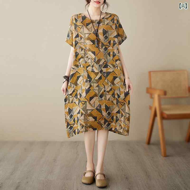 リネン ワンピース 夏 ゆったり 大きいサイズ対応 レディース 綿麻 半袖 ロング丈 ナチュラル 通気性 体型カバー 涼しいワンピ 接触冷感 無地 春夏 旅行にも