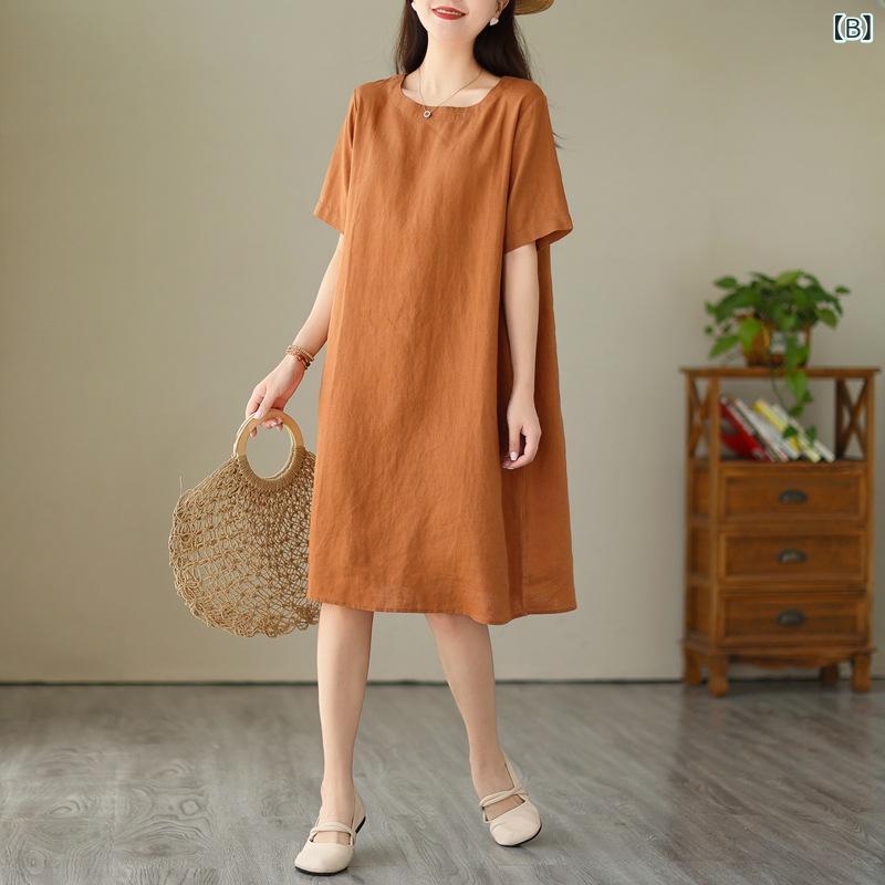 リネン ワンピース 夏 ゆったり 大きいサイズ対応 レディース 綿麻 半袖 ロング丈 ナチュラル 通気性 体型カバー 涼しいワンピ 接触冷感 無地 春夏 旅行にも