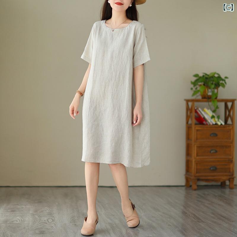 リネン ワンピース 夏 ゆったり 大きいサイズ対応 レディース 綿麻 半袖 ロング丈 ナチュラル 通気性 体型カバー 涼しいワンピ 接触冷感 無地 春夏 旅行にも