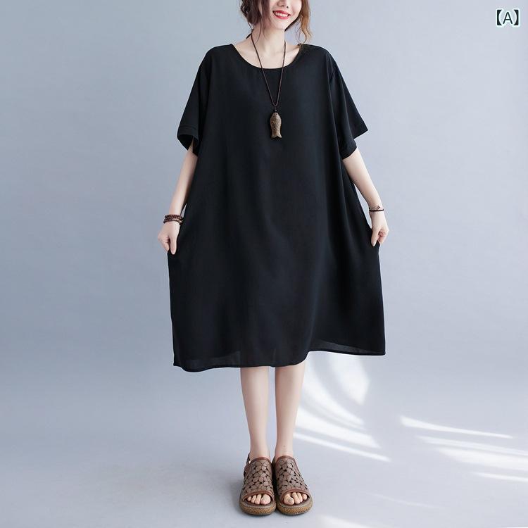 リネン ワンピース 夏 ゆったり 半袖 ロングワンピース 綿麻混素材 きれいめ 涼感 接触冷感 体型カバー 無地 ナチュラル 大きめサイズ 30代 40代 50代対応