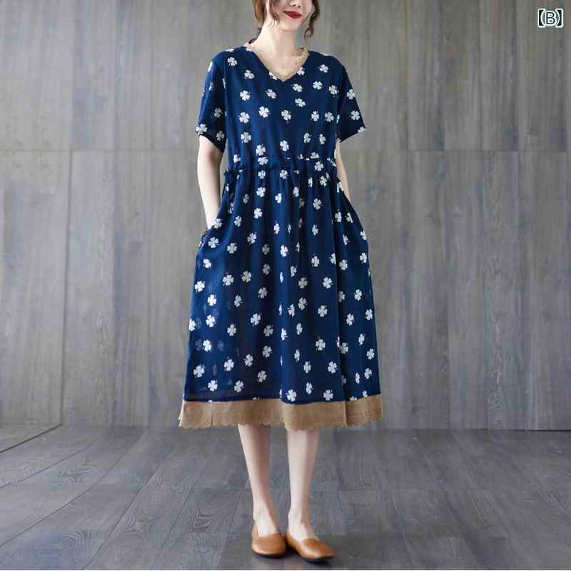 リネン ワンピース 夏 ゆったり 半袖 ロングワンピース 綿麻混素材 きれいめ 涼感 接触冷感 体型カバー 無地 ナチュラル 大きめサイズ 30代 40代 50代対応