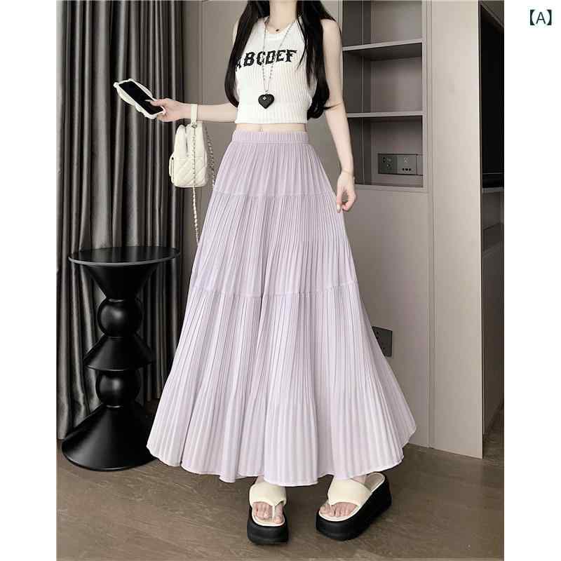 プリーツスカート ロング マキシ丈 レディース ウエストゴム 体型カバー 太めプリーツ 裏地あり 無地 フレアスカート ミモレ丈 通勤 お出かけ オフィス 春 夏 秋 きれいめ カジュアル 黒 ベージュ 高身長 大きいサイズ 着痩せ