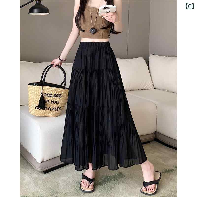 プリーツスカート ロング マキシ丈 レディース ウエストゴム 体型カバー 太めプリーツ 裏地あり 無地 フレアスカート ミモレ丈 通勤 お出かけ オフィス 春 夏 秋 きれいめ カジュアル 黒 ベージュ 高身長 大きいサイズ 着痩せ