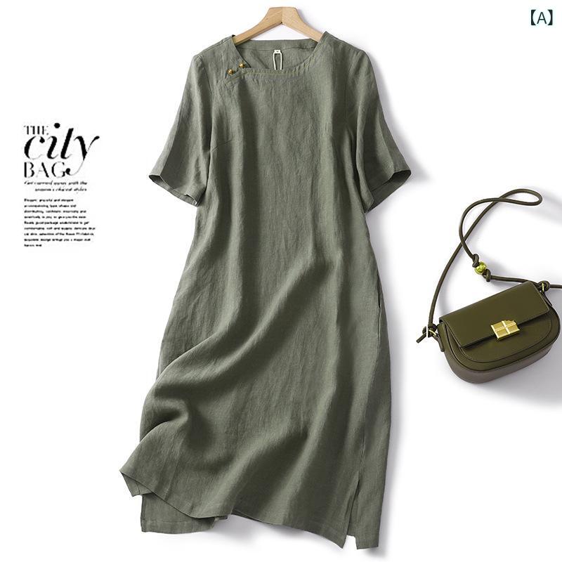 リネン ワンピース 夏 ゆったり レディース ノースリーブ ロングワンピース 綿麻混 ナチュラル 通気性 きれいめ 体型カバー 大きめサイズ 着痩せ 春夏ワンピ