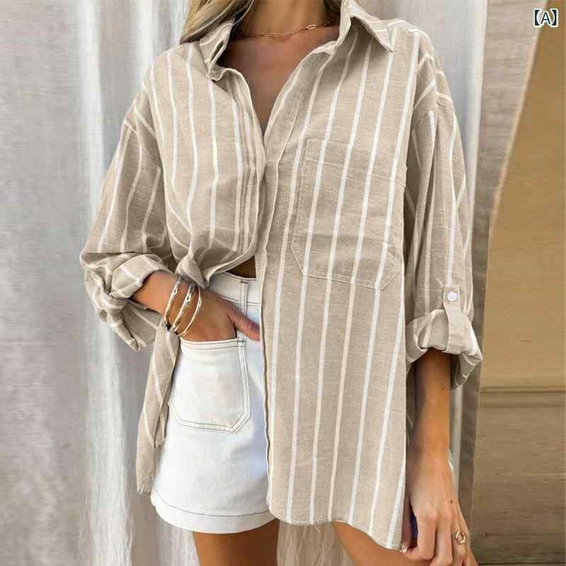 レディース シャツ ストライプ オーバーサイズ 体型カバー ゆったり トップス 長袖 羽織 春 夏 薄手 きれいめ カジュアル 通勤