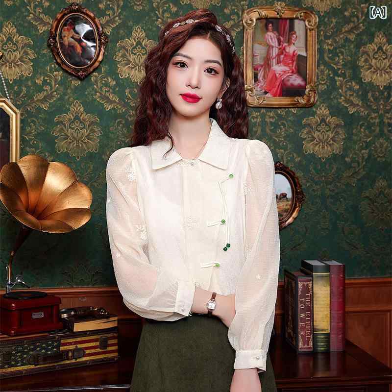 パフスリーブシャツ レディース 半袖 長袖 大人可愛い きれいめ 新 中国 式 レトロ 盤 ボタン ショート 長袖 シャツ 女性 2025 春 夏 新作 国 風 シャツ 気質 減 齢 ブラウス