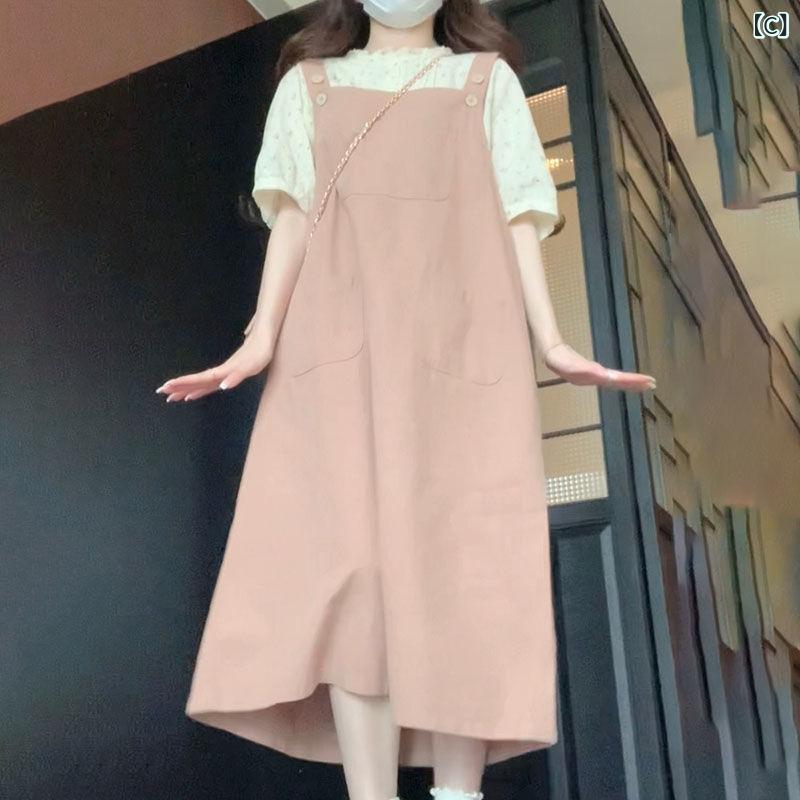 デニムサロペットワンピース レディース Vネック ロング丈 ジャンパースカート ゆったり カジュアル オーバーオール オールシーズン 体型カバー きれいめ 大人可愛い