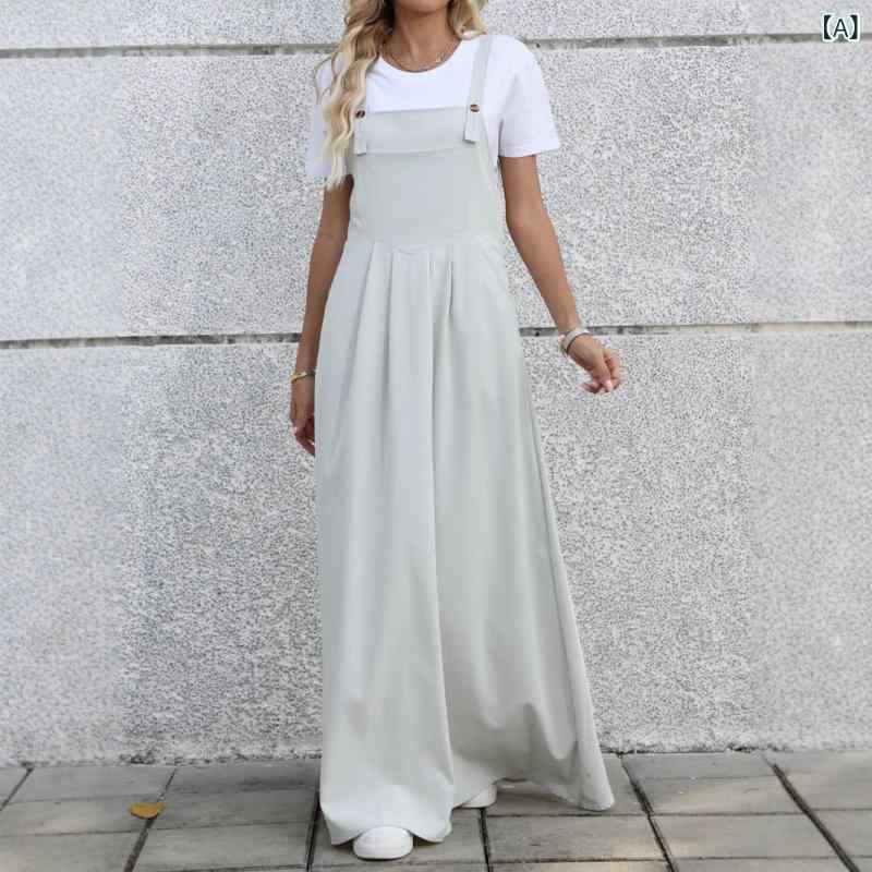 デニムサロペットワンピース レディース Vネック ロング丈 ジャンパースカート ゆったり カジュアル オーバーオール オールシーズン 体型カバー きれいめ 大人可愛い