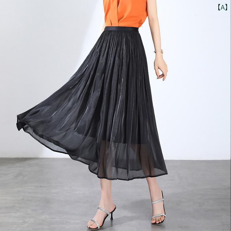 プリーツスカート ロング シフォン レディース ハイウエスト 着痩せ ウエストゴム フレア マキシスカート 透け感 軽やか 無地 黒 白 ベージュ 春 夏 きれいめ 大人可愛い カジュアル 通勤 OL ファッション 体型カバー 大きいサイズ