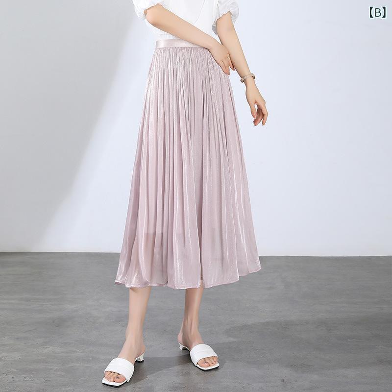 プリーツスカート ロング シフォン レディース ハイウエスト 着痩せ ウエストゴム フレア マキシスカート 透け感 軽やか 無地 黒 白 ベージュ 春 夏 きれいめ 大人可愛い カジュアル 通勤 OL ファッション 体型カバー 大きいサイズ