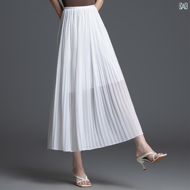プリーツスカート ロング シフォン レディース ハイウエスト 着痩せ ウエストゴム フレア マキシスカート 透け感 軽やか 無地 黒 白 ベージュ 春 夏 きれいめ 大人可愛い カジュアル 通勤 OL ファッション 体型カバー 大きいサイズ
