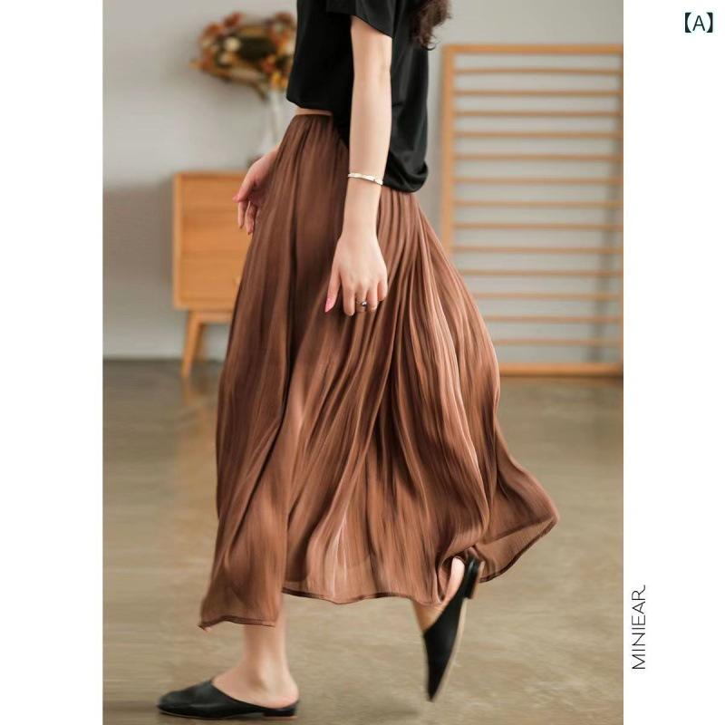 プリーツスカート ロング シフォン レディース ハイウエスト 着痩せ ウエストゴム フレア マキシスカート 透け感 軽やか 無地 黒 白 ベージュ 春 夏 きれいめ 大人可愛い カジュアル 通勤 OL ファッション 体型カバー 大きいサイズ