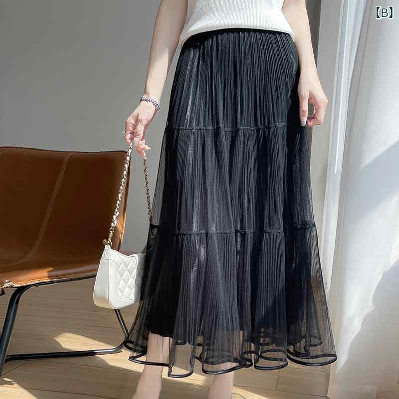 プリーツスカート ロング シフォン レディース ハイウエスト 着痩せ ウエストゴム フレア マキシスカート 透け感 軽やか 無地 黒 白 ベージュ 春 夏 きれいめ 大人可愛い カジュアル 通勤 OL ファッション 体型カバー 大きいサイズ