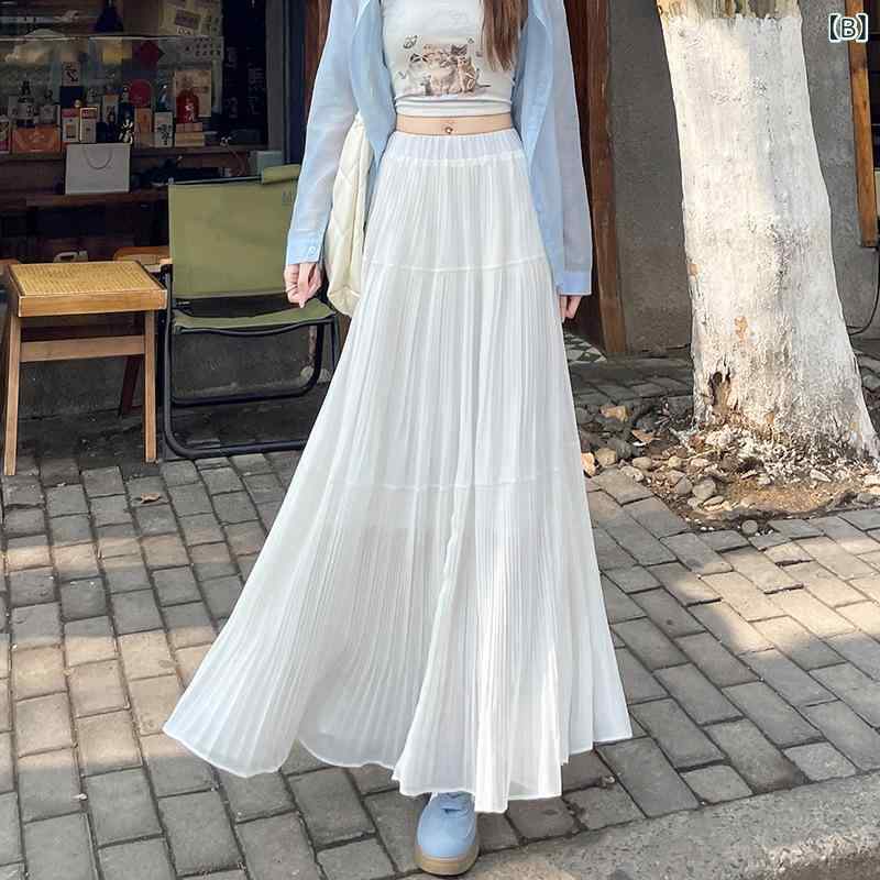 プリーツスカート ロング レディース ハイウエスト シフォン スカート 上品 エレガント 高見え きれいめ 大人 通勤 オフィス フォーマル 無地 黒 白 グレー 大きいサイズ 体型カバー 美脚ライン マキシスカート