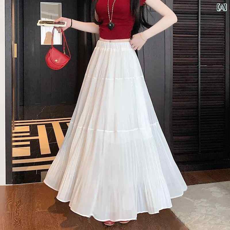 プリーツスカート ロング レディース シフォン スカート ハイウエスト 着痩せ ウエストゴム 無地 黒 白 春 夏 秋 冬 マキシスカート 体型カバー 大きいサイズ きれいめ おしゃれ 通勤 オフィス カジュアル フレアスカート ウエストゴム シンプル