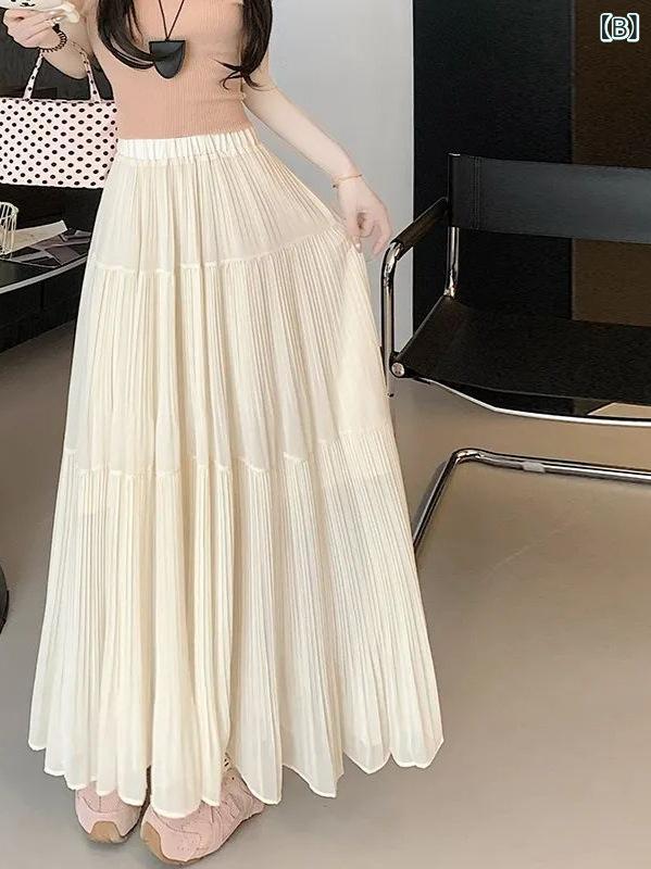 プリーツスカート ロング レディース シフォン スカート ハイウエスト 着痩せ ウエストゴム 無地 黒 白 春 夏 秋 冬 マキシスカート 体型カバー 大きいサイズ きれいめ おしゃれ 通勤 オフィス カジュアル フレアスカート ウエストゴム シンプル