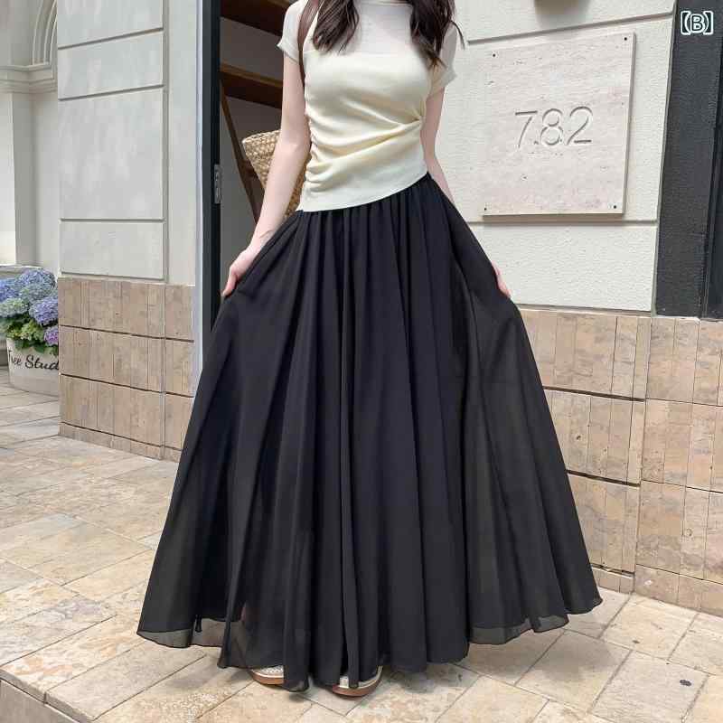 プリーツスカート ロング レディース シフォン スカート ハイウエスト 着痩せ ウエストゴム 無地 黒 白 春 夏 秋 冬 マキシスカート 体型カバー 大きいサイズ きれいめ おしゃれ 通勤 オフィス カジュアル フレアスカート ウエストゴム シンプル