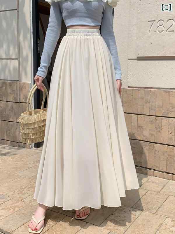 プリーツスカート ロング レディース シフォン スカート ハイウエスト 着痩せ ウエストゴム 無地 黒 白 春 夏 秋 冬 マキシスカート 体型カバー 大きいサイズ きれいめ おしゃれ 通勤 オフィス カジュアル フレアスカート ウエストゴム シンプル