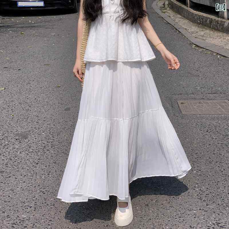 プリーツスカート ロング レディース シフォン スカート ハイウエスト 着痩せ ウエストゴム 無地 黒 白 春 夏 秋 冬 マキシスカート 体型カバー 大きいサイズ きれいめ おしゃれ 通勤 オフィス カジュアル フレアスカート ウエストゴム シンプル