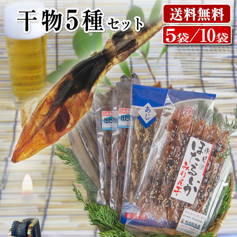 【送料無料】 干物 5種 5袋/10袋 (ホタルイカ素干し、ホタルイカ魚醤漬け、アジみりん干し、ホタルイカみりん干し、げんげ一夜干し：各..