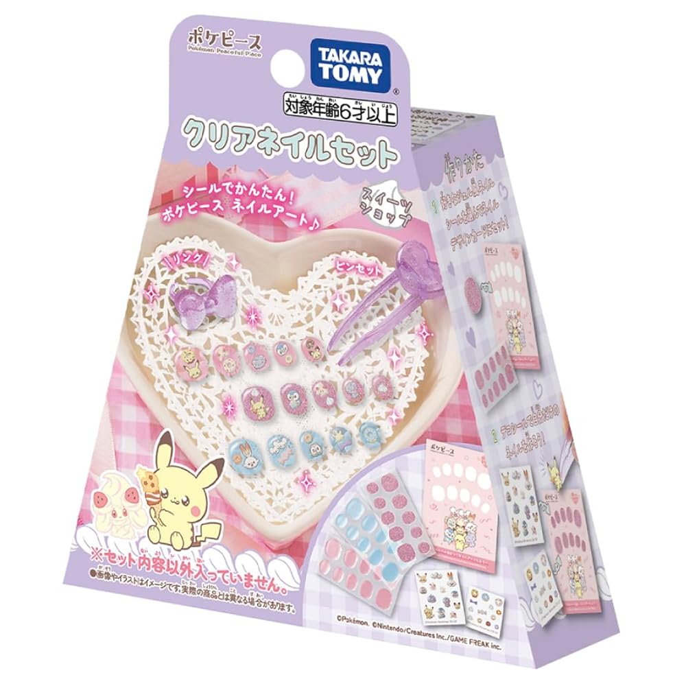 商品情報 商品の説明 商品紹介シールでかんたん!ポケピースネイルアート♪ポケピースのスイーツショップをイメージしたかわいいネイルセット!かわいいポケピースのジェル風ネイルを楽しもう♪つくりかた(1)好きなジェル風ネイルシールを選んでネイルデザインカードにセット!(2)デコシールで自分だけのネイルを作ろう!(3)ネイルデザインカードからはがして自分の爪にはってね!付属のリングをつけておしゃれな手元の完成♪自分だけのネイルとリングで手元をキラキラにしちゃおう!※リングの指サイズは約47mmです。【セット内容】ジェル風ネイルシール　うすピンク(1),ジェル風ネイルシール　ピンクラメ(1),ジェル風ネイルシール　みずいろ(1),ポケモンデコシール(1),デコシール(1),ネイルデザインカード(1),リング(1),ピンセット(1),取扱説明書(1),安全警告該当なし 主な仕様 (C)Pokémon. (C)Nintendo/Creatures Inc./GAME FREAK inc. (C) TOMY 電池は使用しません。