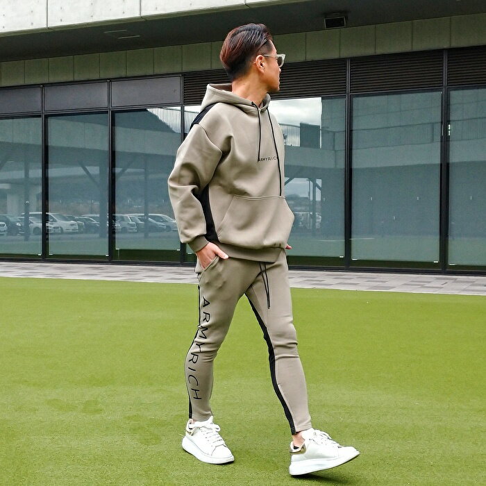 ARMYRICH アーミーリッチ ナイロン切替ボンディングオーバーサイズパーカーセットアップ GREIGE (グレージュ) キングサイズ 3L 4L 5L メンズファッション トレーニングウエア ルームウエア ジム スポーツ ゴルフ ストレッチ素材 大人カジュアル プルオーバー