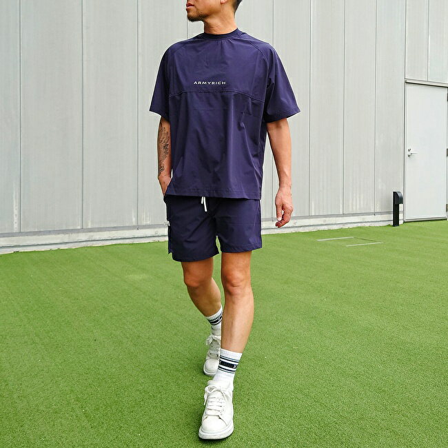 【SALE セール 】 ARMYRICH アーミーリッチ ストレッチペーパーナイロンTシャツ セットアップ NAVY (ネイビー) 春夏新作 メンズファッション ナイロン トレーニングウエア ルームウエア ゴルフ 部屋着 大人カジュアル ストリート系 オーバーサイズ