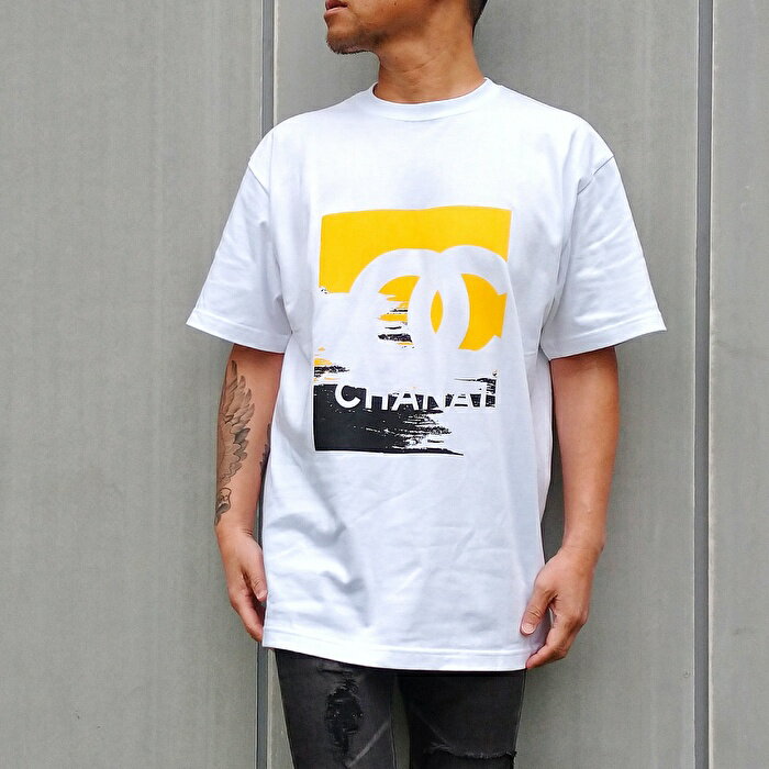 Account アカウント パロディ Tシャツ WHT/YELLOW (ホワイト/イエロー) 春夏新作 メンズファッション レディースファッション CHANEL風 シャネル風 プリントロゴ ラメ ラバープリント 半袖 スポーツ ユニセックス ペアコーデ トップス