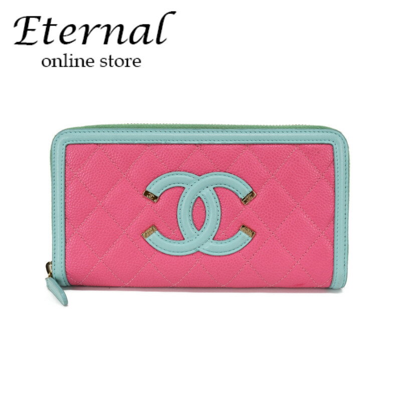 【中古】CHANEL　シャネル　CCフィリグリー ラウンドファスナー　ジップウォレット　長財布　キャビアスキン　ピンク　グリーン　A84449　レディース　27番台のサムネイル