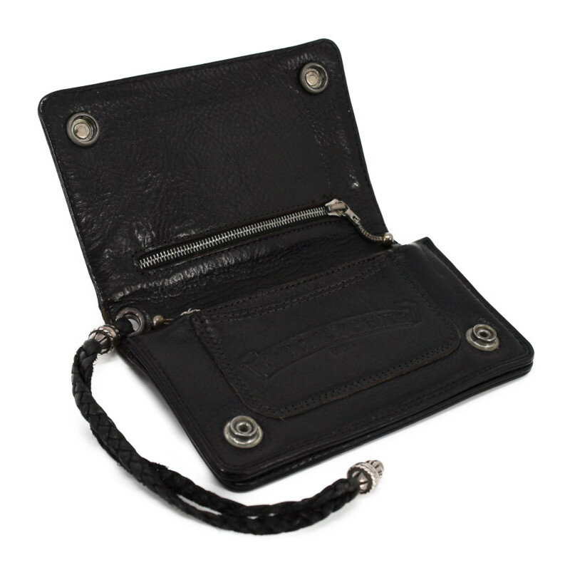 【中古】CHROME HEARTS　クロムハーツ 2ジップ ウォレット 2ZIP 二つ折り財布 フローラルボタン ストラップ付き レザー 黒 ブラック 財布