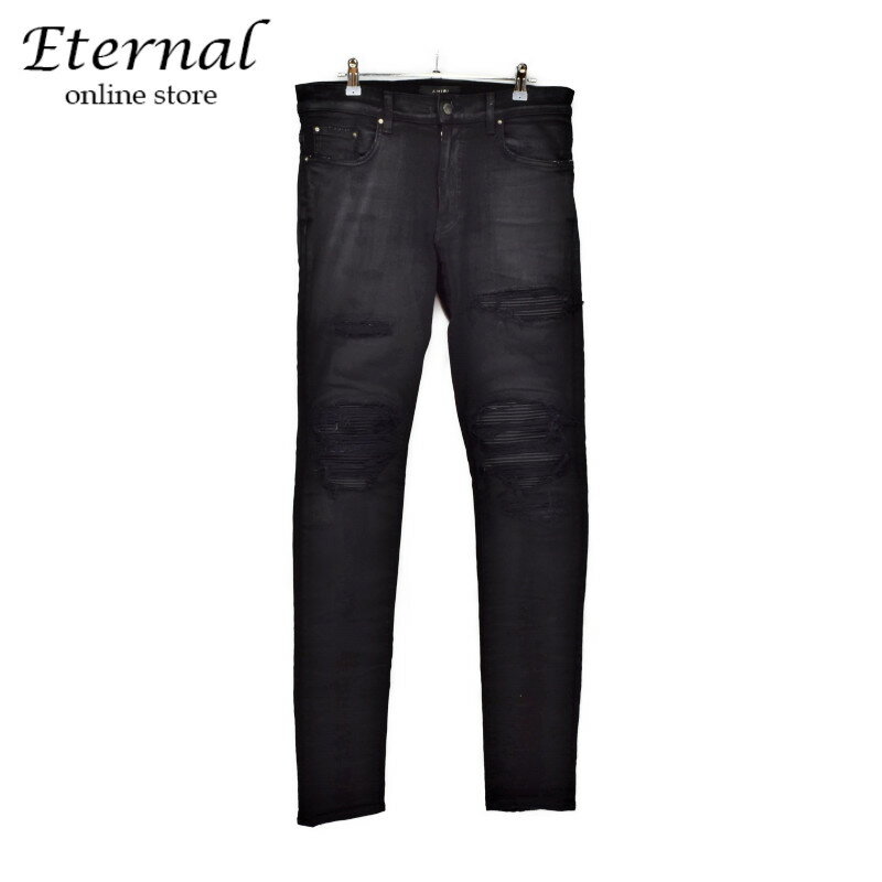 【中古】AMIRI アミリ デニムパンツ クラッシュ加工 ダメージ加工 スキニー レザー サイズ32 ブラック　アパレル