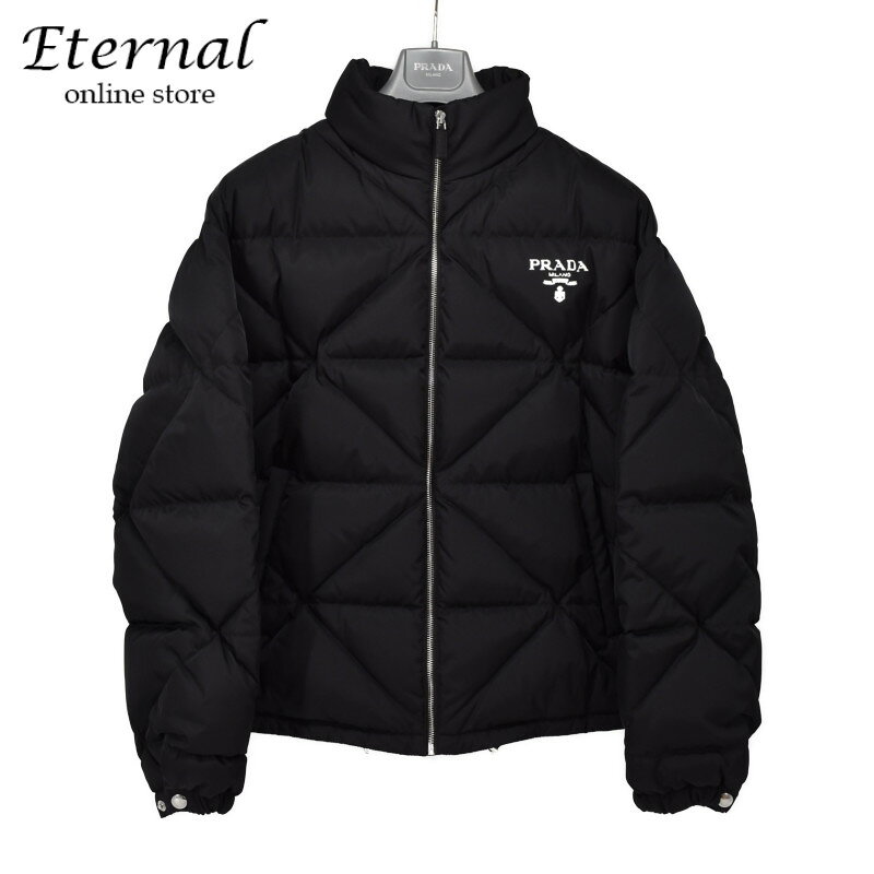 【新品同様】PRADA プラダ Re Nylon ダウンジャケット SGB803 トライアングルステッチ ロゴプリント ルーズフィット Mサイズ 黒 ブラック 2021年 メンズ