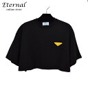 【新品同様】PRADA　プラダ　クロップド丈 Tシャツ ロゴ バッジ付 オーバーサイズ ショート丈 黒 ブラック Sサイズ レディース　アパレル