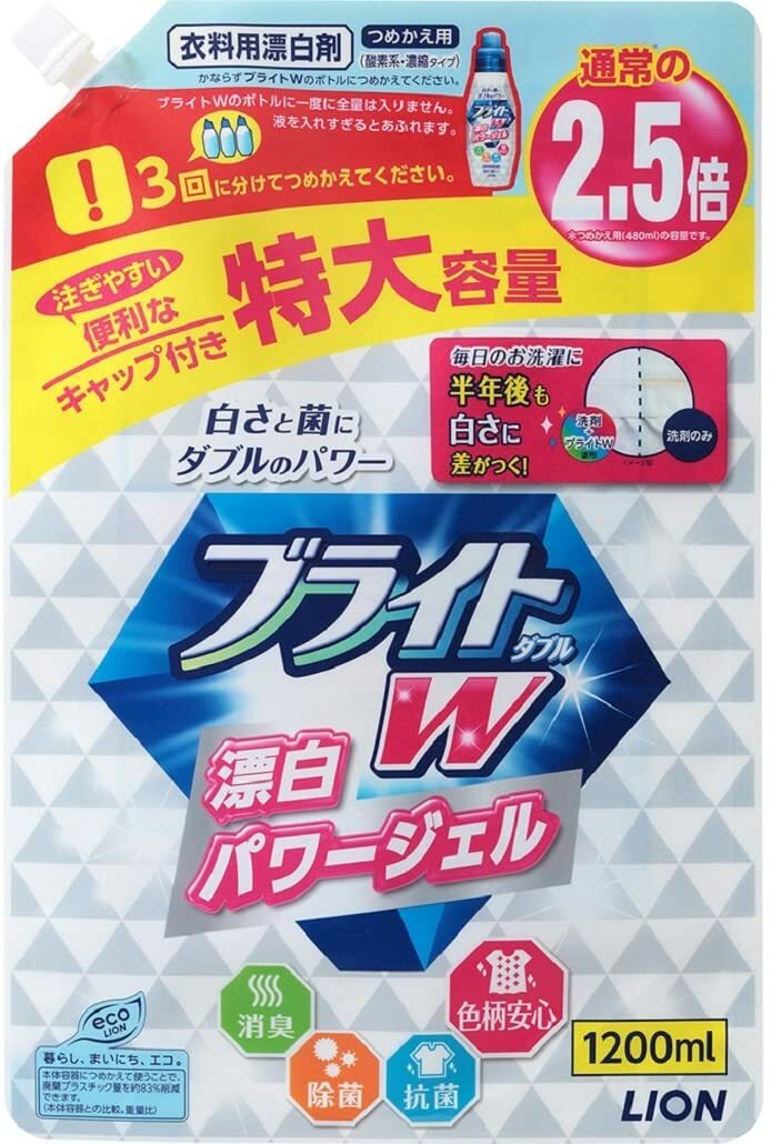 ブライトW 衣類用漂白剤 詰め替え 1200ml 衣類の白さが長続きする漂白剤 商品コンセプト:毎日のお洗濯に「漂白パワージェル」が汚れ残りを防ぎ、衣類の白さが長続きする漂白剤。商品特長:付いた汚れをしっかり落す+次に付く汚れも落ちやすくする「クリア漂白」で、衣類本来の白さが長続き。使うたび高い効果実感のジェルタイプ。除菌・消臭効果はもちろん抗菌・防臭効果も高いので、部屋干しや残り湯洗濯でも安心。色柄物に安心な酸素系漂白剤。ツンとしない、すっきりしたミンティグリーンの香り。 2