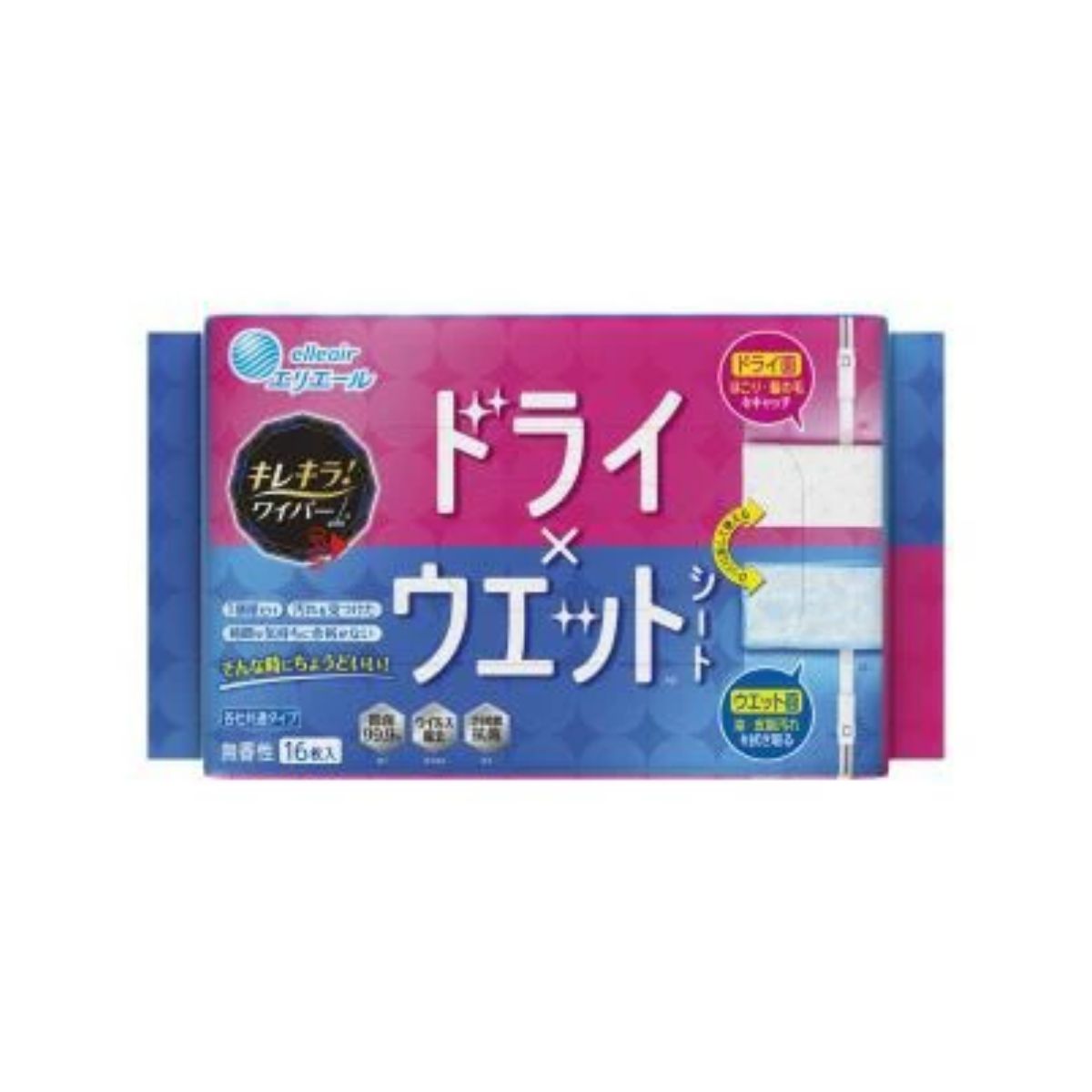 ・裏面と表面で異なる機能を備えた3層構造シート採用。\n・ドライ面でほこり・髪の毛をキャッチ。\n・ウェット面で油や皮脂汚れを拭き取る。\n・除菌99.9％、ウイルス除去、24時間抗菌効果あり。