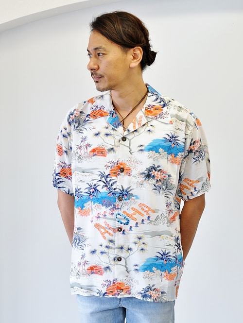 AVANTI　DESIGNS　ALOHA HAWAII ハワイ ブランド アバンティ　アロハシャツ　オープンカラー　半袖シャツ　パームツリー プリントシャツ　シルクシャツ