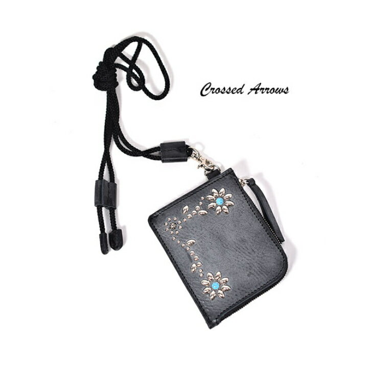 CROSSED ARROWS (クロッシード　アローズ） NEW NECK WALLETサコッシュ ストラップ付　マルチケース 小銭入れ 小さめ 牛革　本革 スタッズ　財布　ネックウォレット