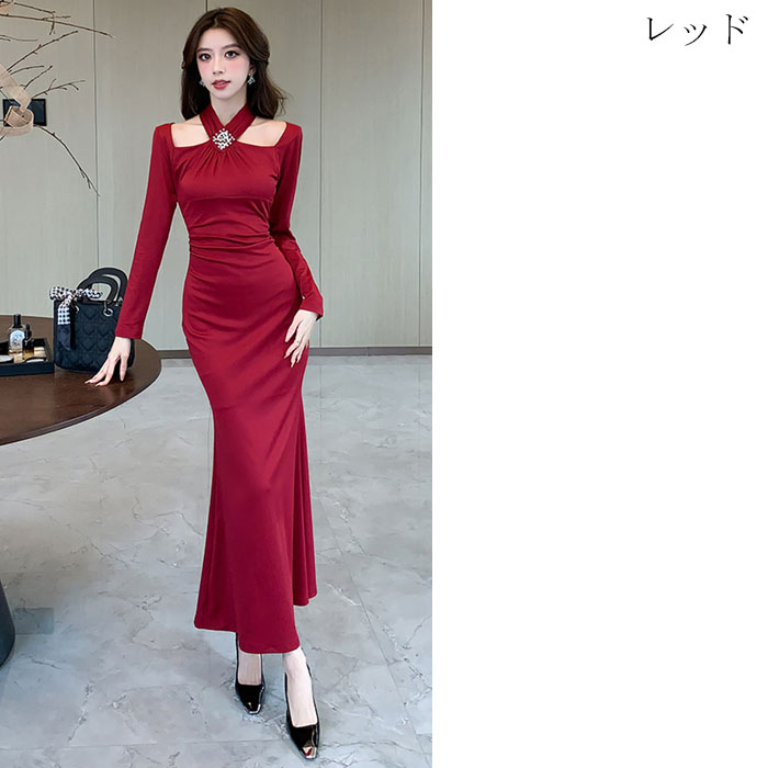 ワンピース 長袖 袖あり ロング ロング丈 タイト セクシー ワンピ タイトワンピ タイトワンピース セクシーワンピース 大人 上品 きれいめ おしゃれ キャバ スナック ラウンジ エロ パーティー ドレス 胸元 胸開き 黒 ブラック 赤 20代 30代 40代 韓国 レディース 春夏